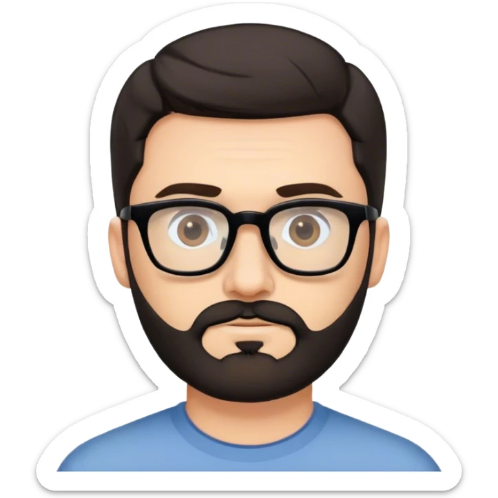 Portrait of a caucasian man early 40s, short dark hair and dark beard, dark rimmed glasses sticker