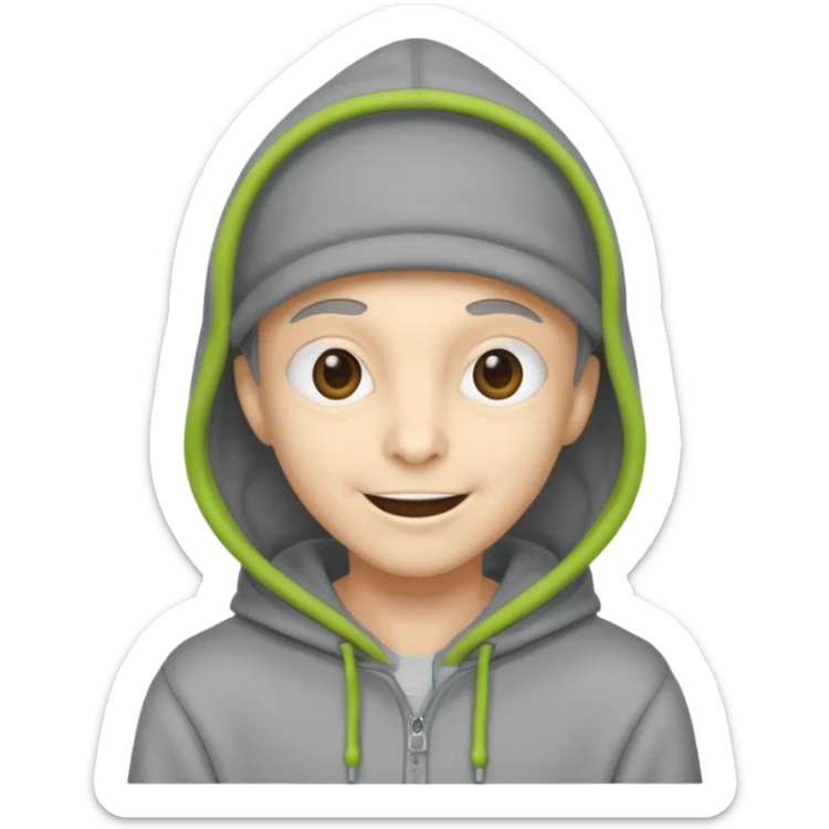 alien in gray hoodie full height, wear hoodie hat, happy sticker