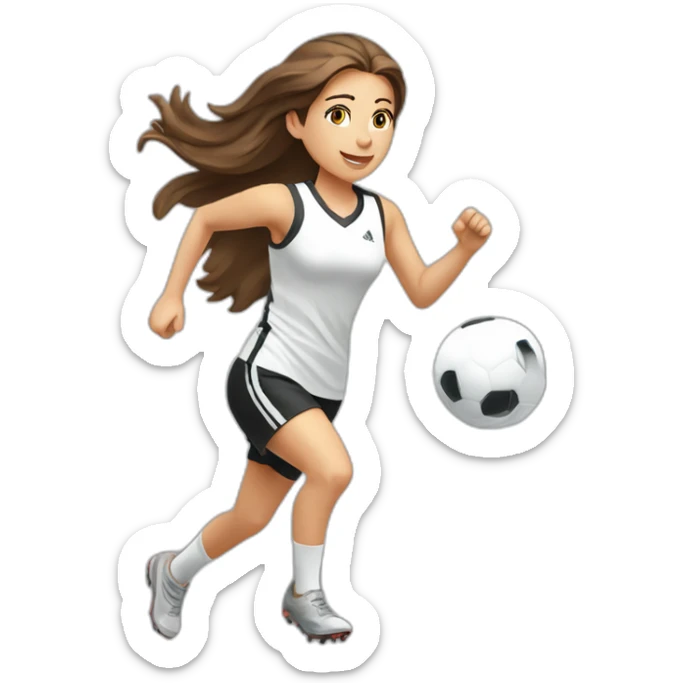 Caucasian girl with brown long hair running with a soccer ball wearing White short and black shorts sticker