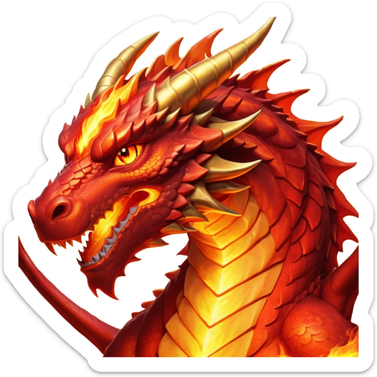 cinematic-noble-fierce-fire-dragon-portrait-emoji,-poised-and-imposing,-with-a-muscular,-scaled-body-ablaze-in-fiery-hues-of-crimson,-molten-orange,-and-molten-gold,-and-intense,-burning-eyes-that-mirror-the-heart-of-a-volcano;-rendered in detail sticker