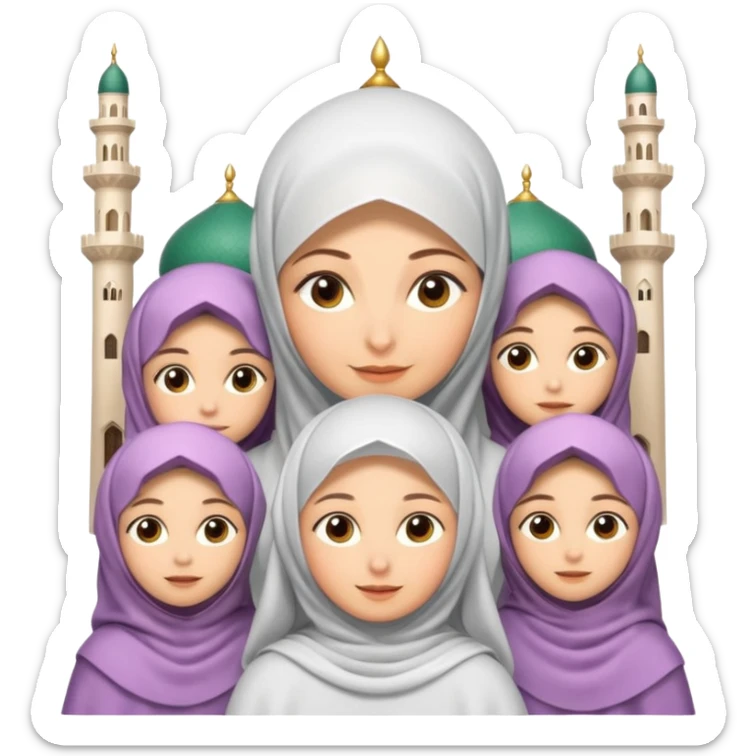 A picture of a mother with several daughters around her, the mother is wearing a veil and they are all in an Iranian Muslim mosque. Cartoon. 3D sticker