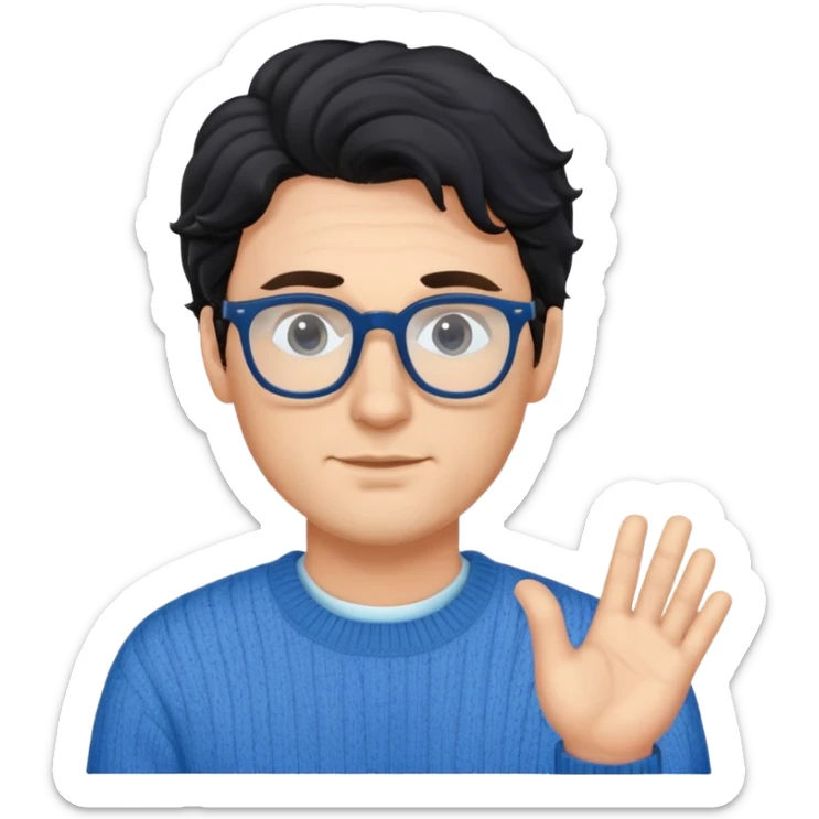 Caucasian man with black wavy hair wearing glasses and a long sleeve blue sweater sticker