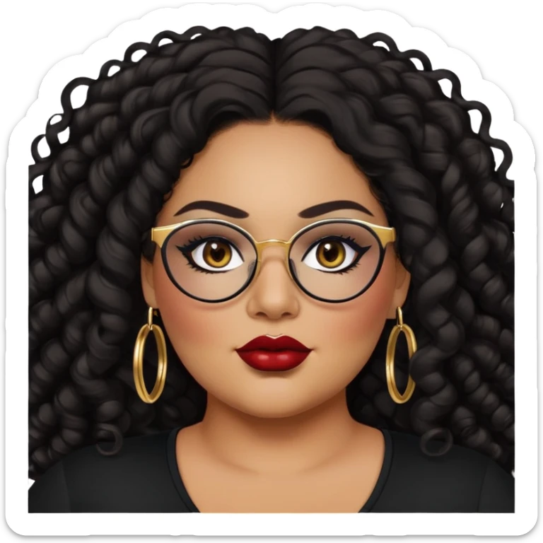 big plus size, latina, darker tan skin, gold hoops, long black curly hair, baddie,pretty, makeup, dark red lipgloss, black eyeliner, long hair, black top, black glasses sticker
