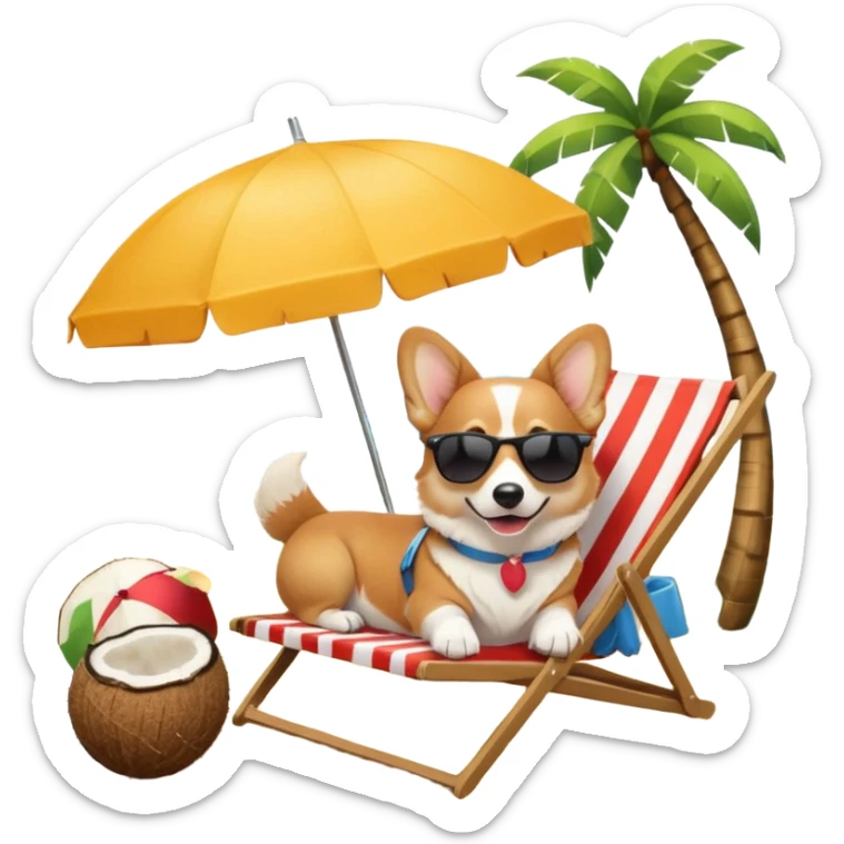 a corgi dog laied on a beach chair, a sunny beach, a sun umbrella, and beach coconut trees. the icon should capture the essence of a relaxing beach vacation with a carefree atmosphere sticker