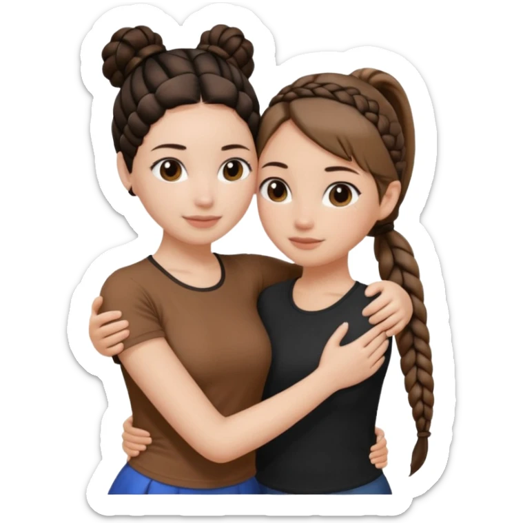 Hug two white skin women, one shorter woman with medium brown simple top ponytail, not braided, and one taller woman with a single long black side braid sticker