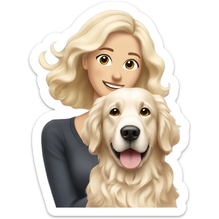 Long bouncy blow dry dark brown haired woman and her English cream golden retriever curly haired dog sticker