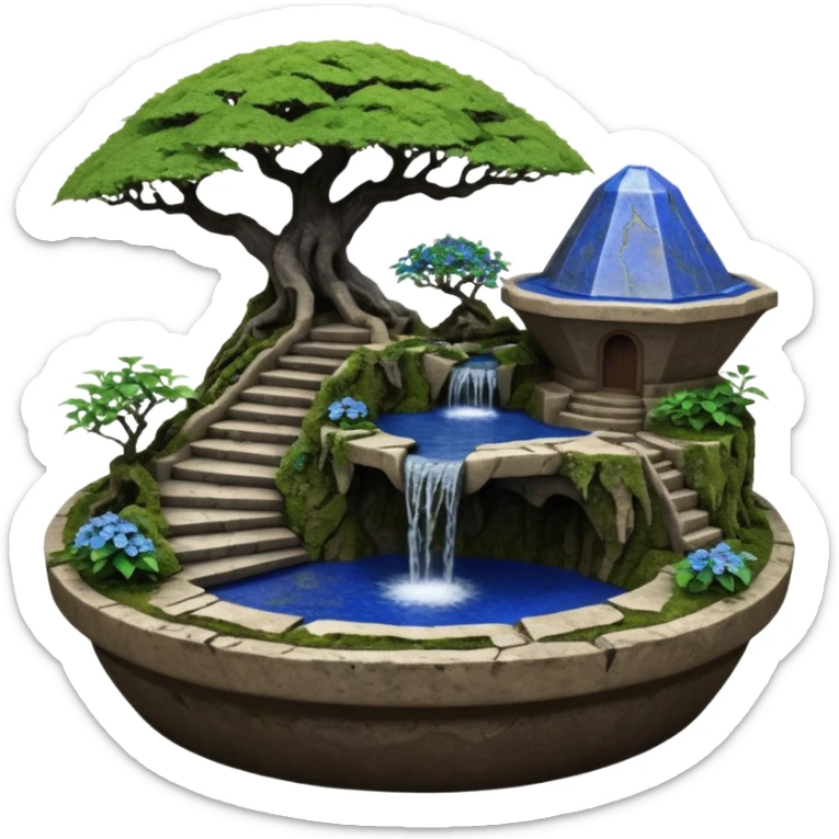 Alien saucer jungle-vines stairway fountain mountain-island landscape antique mudman very old broken cracked intricate Stone Age lapis-crusted irregular dodecagon-shaped shallow dark moss rough bark blue serissa flowered maple tree bonsai pot sticker