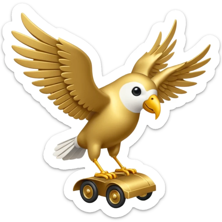 Un petit oiseau mécanique doré avec des ailes délicates et des rouages visibles. Il porte des parchemins enroulés attachés à ses pattes fines, survolant une ville en contrebas. sticker
