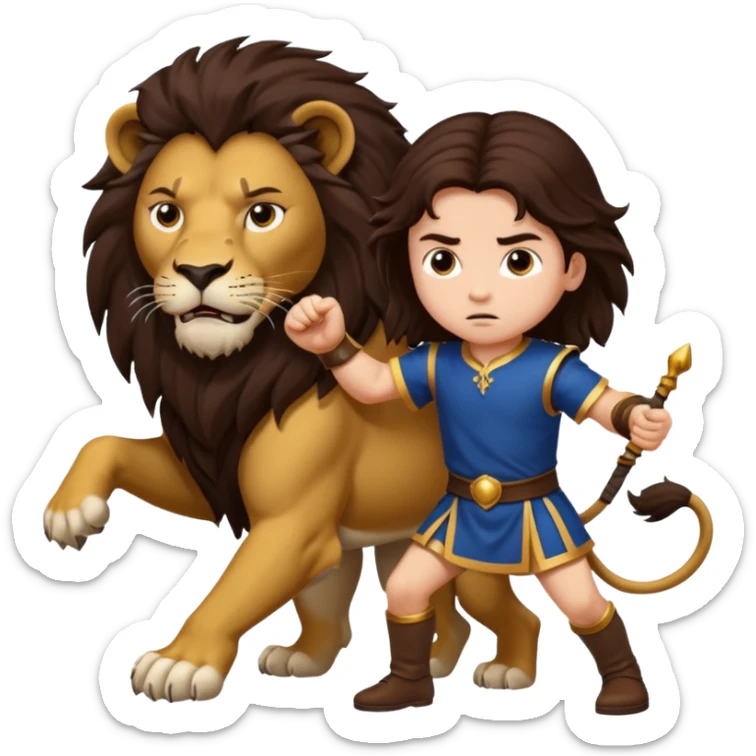 I want a royal child with dark brown long hair, fighting against a lion sticker