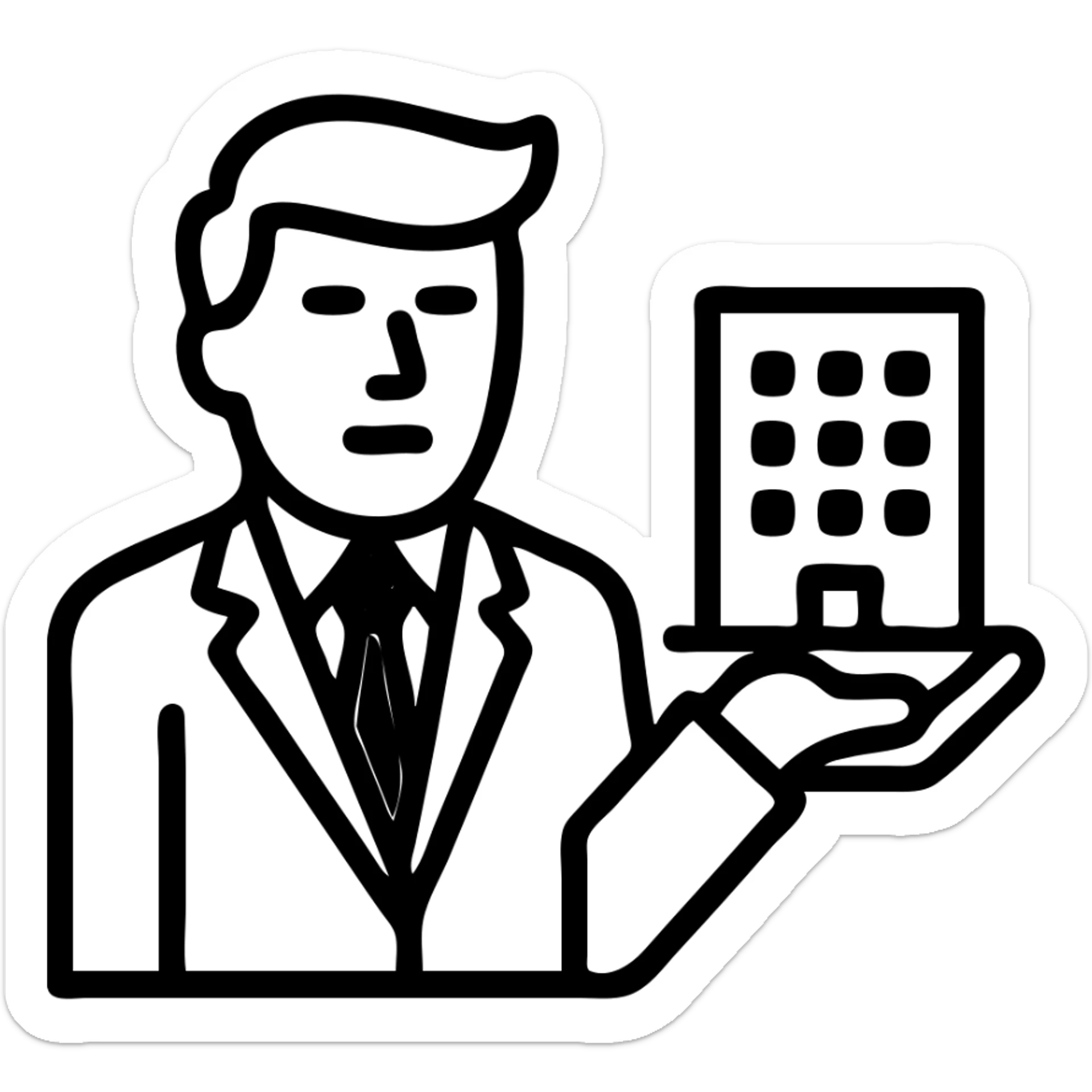 Donald Trump as a real estate owner outlined icon style holding a building wearing a suit and red tie sticker