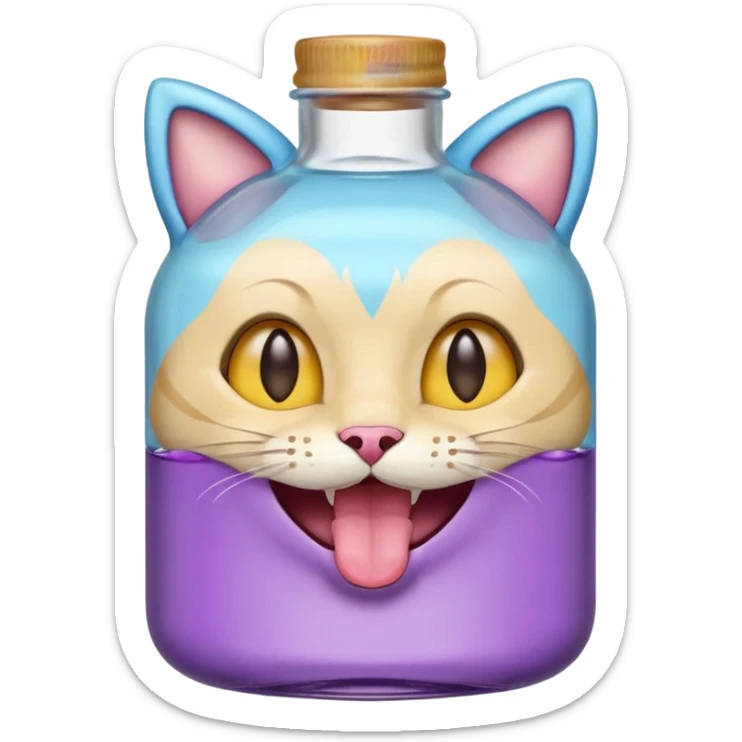 Smiling bottle of oil light purple top and light blue sticking tongue out and with cat ears sticker