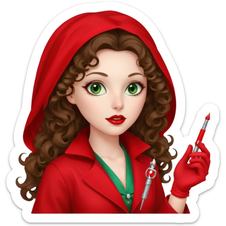 Spanish sexy evil woman. She has green eyes.  had brown long curly hair.  evil surgeon kills with needle wears red sexy doctor coat with red Juliet veil on her mouth and nose to hide and wearing red gloves.  sticker