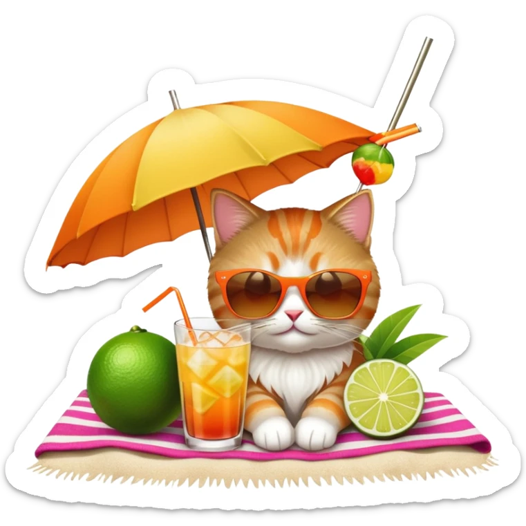 Cute cat on beach towel with a tropical mai tai drink and sunglasses sticker
