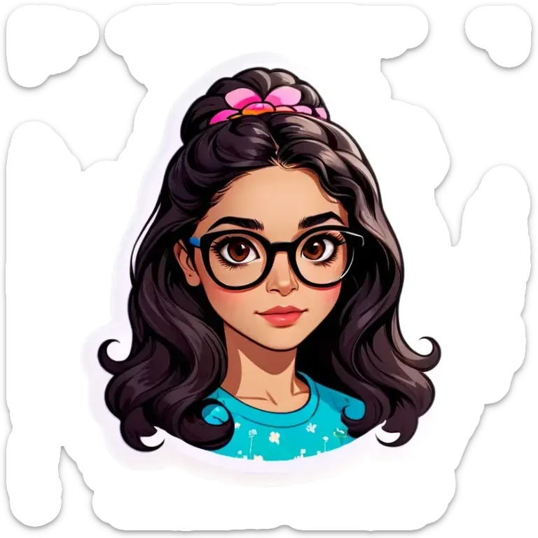 Afghan girl, brown eyes , wearing all black, and wearing large framed glasses, layered long BLACK hair with loose waves, blossom pigmented lips, fair light skin, oval face with a visible jaw line, cheekbones visible, MAKE DIFFERENT FACIAL EXPRESSIONS. sticker