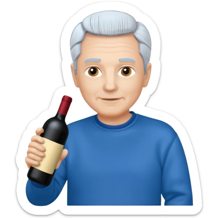 Morbidly obese older man dark grey hair with blue sweatshirt holding bottle of wine sticker