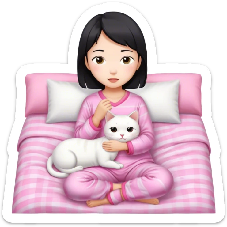 Short hair Asian girl wake up with white cat in pink pj sticker