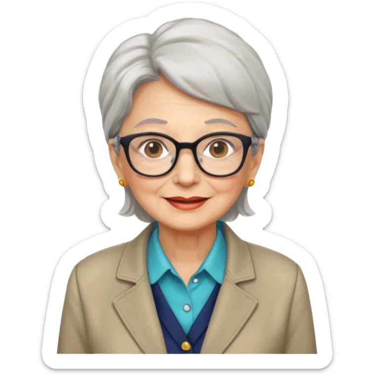 72-year-old professional woman, bright expression, wearing glasses, neat shirt and jacket sticker
