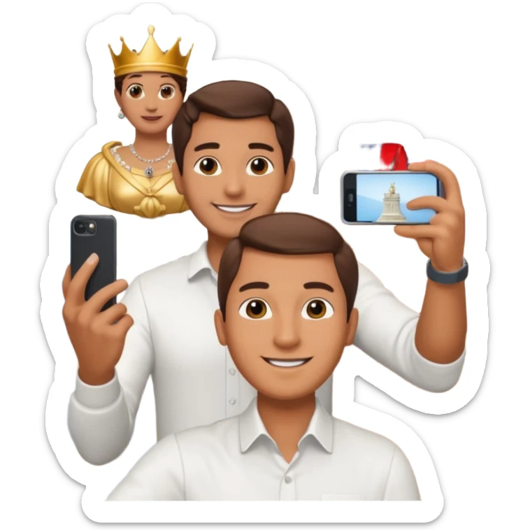 a normal man who's taking a selfie in a room with the statue of the queen elizabeth the II sticker