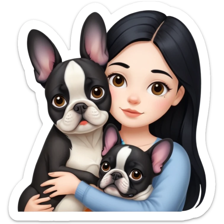beautiful girl with long black hair hugs a French bulldog sticker