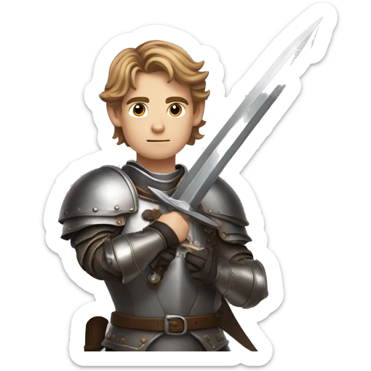 A young man with light brown hair and gray eyes, in chivalrous armor, fantasy, looks seriously, holds a sword in his hands sticker