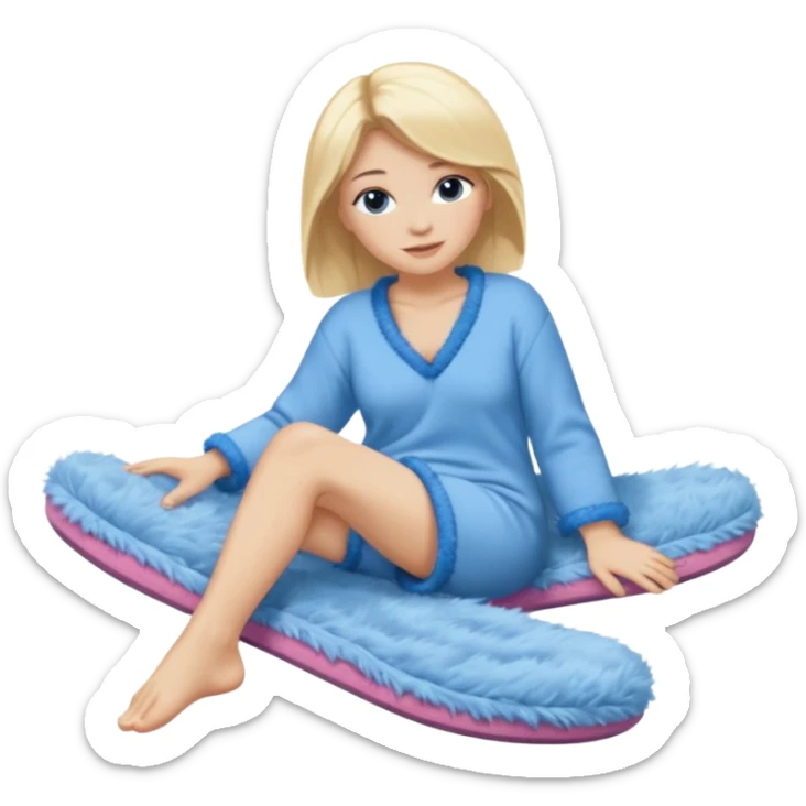 blonde woman wearing comfy lounging outfit, blue fuzzy slippers on her bare feet sticker