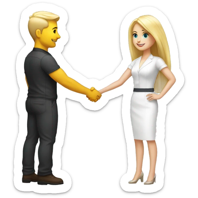 restaurant owner with white skin and blogger with white skin and blonde hair shaking hands in great detail and full height sticker