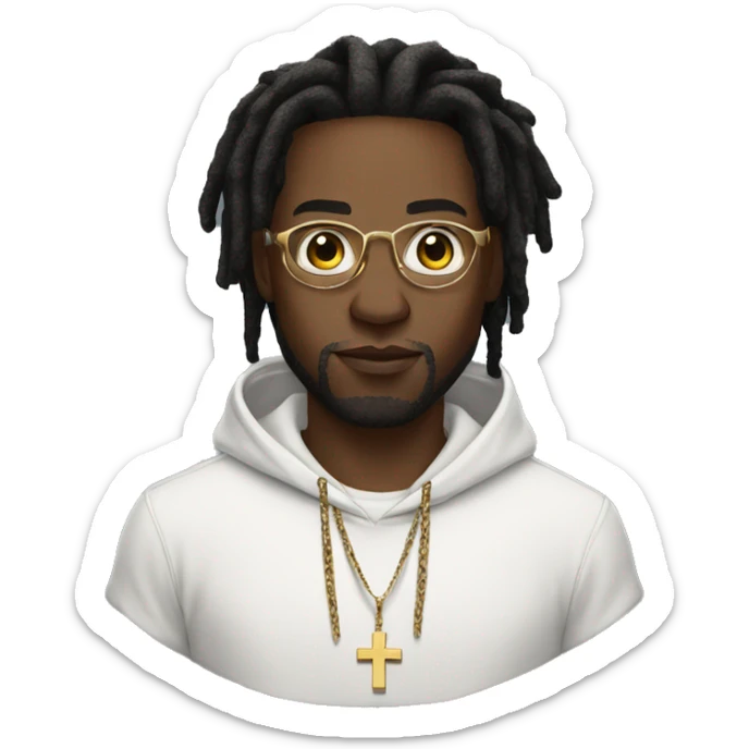black man with white hoodie with a small silver cross pendant wearing gold glasses with freeform dreads sticker