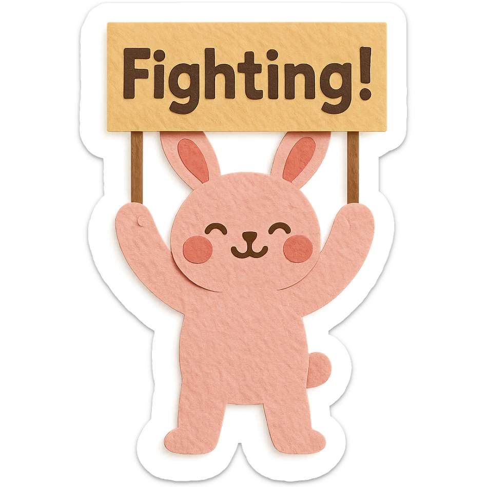Revise the paper-craft style full-body rosy bunny so the signboard it is holding high above its head says 'Fighting!' in clear, bold letters. Keep the rest of the design the same. sticker