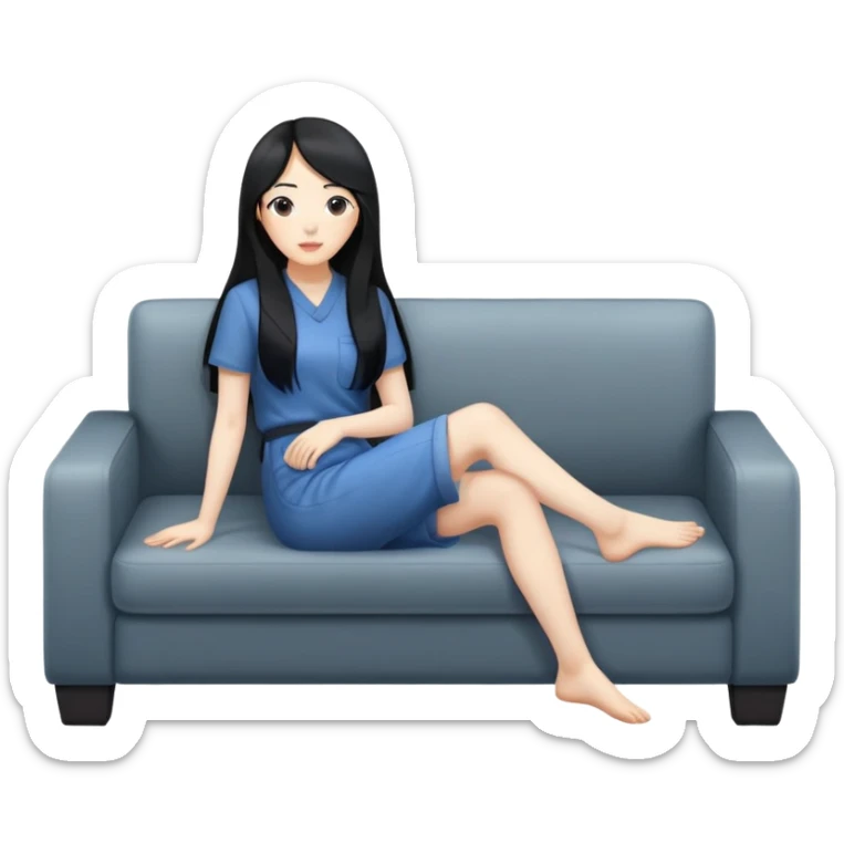An Asian woman with a pale complexion and long black hair is sitting on a sofa with her feet on the ground. The picture is slightly sideways, with an overall angle of 35 degrees. sticker