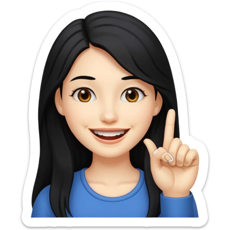 Haz una imagen de una mujer con cabello negro largo , con una sonrisa en su cara y la punta de su dedo indice entre sus dientes sticker