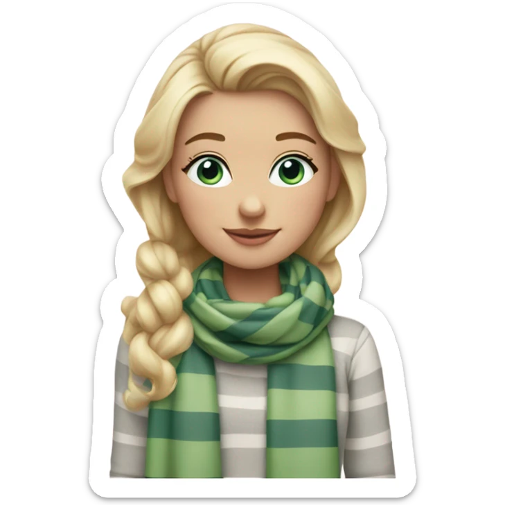 Blonde girl with blue eyes and eyelashes no lipstick in a light pink shirt with gray and green thick stripe scarf sticker
