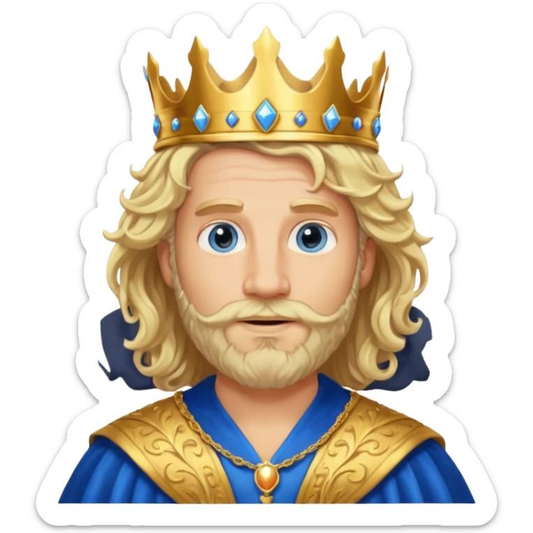 1 Middle-aged white king, 40 years old, blond hair, blond beard, long curly hair, blue eyes, kind and benevolent vibe, gentle smile, wearing a crown and blue robe emoji sticker
