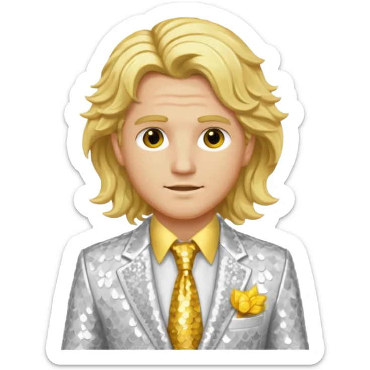 Apollo from Greek Mythology with long blonde wavy hair, white sequin suit jacket and tie, yellow shirt sticker