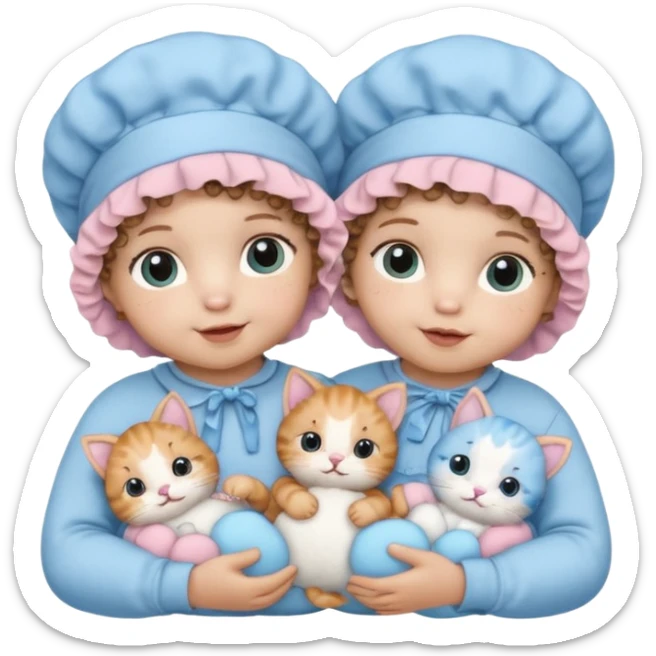 Curly hair baby twins with one wearing a baby pink bonnet and one wearing a baby blue bonnet while holding cat plushies sticker