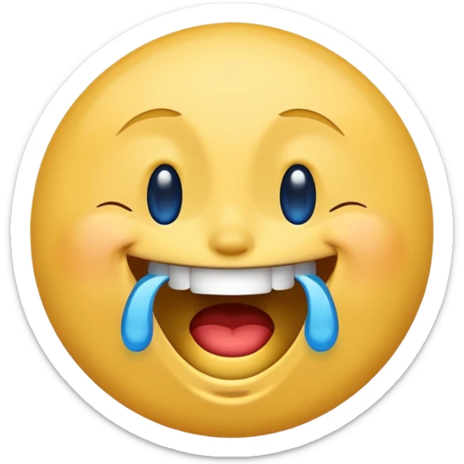 Emoji, yellow round laughing hysterically face, with blue tears of joy on it.  sticker