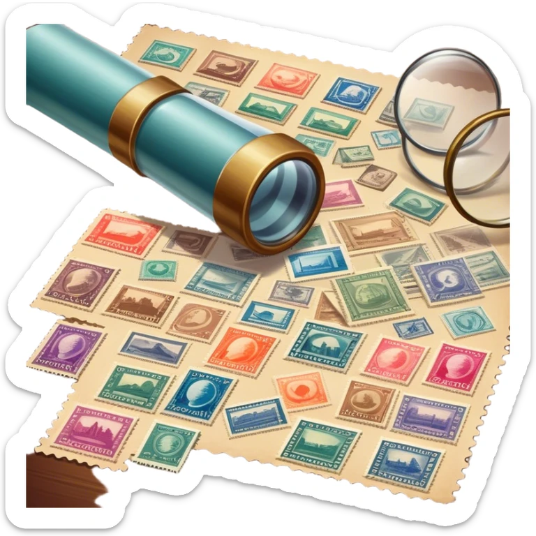 Icon for Stamp Collecting: a collection of vintage and colorful stamps arranged in an album or on a desk, with a large stamp block in the center showcasing different themes. The icon should reflect the charm and history of philately. Transparent background. sticker