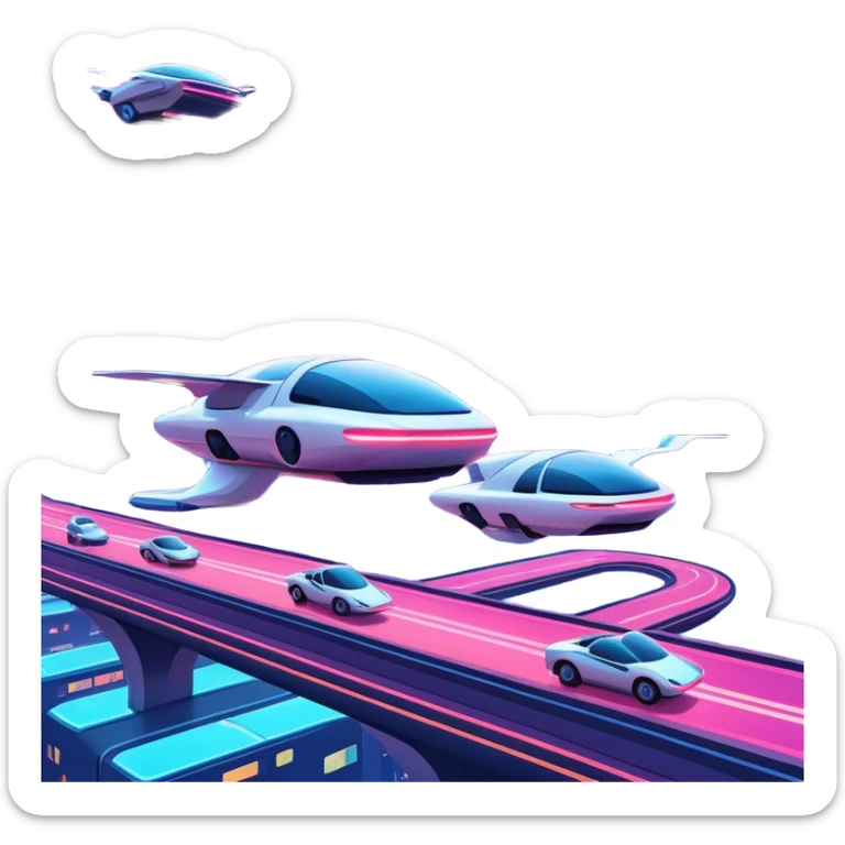 A futuristic city at sunset with flying cars and holographic billboards." sticker