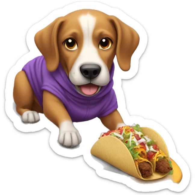 Dog eating a taco riding a surfboard wearing a purple hoodie sticker