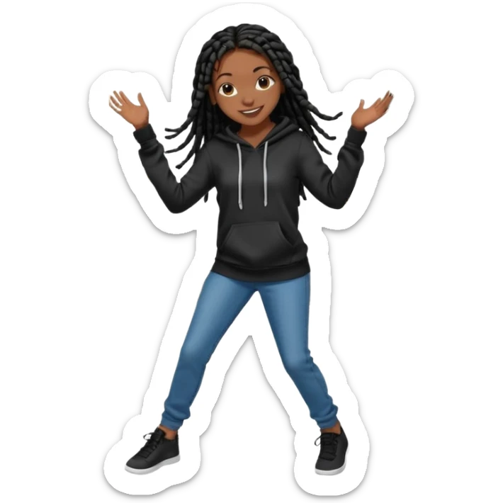 African American girl dark skin with long black box braids wearing plain black hoodie wearing skinny jeans dancing in street sticker