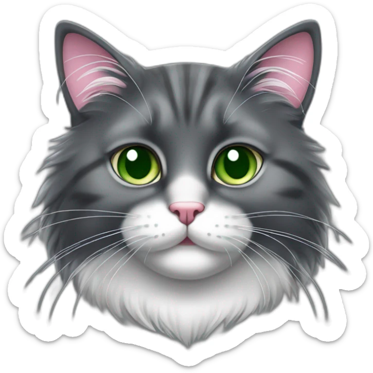 fluffy dark grey cat with pink nose, green eyes and white long whiskers, near the nose there are white spots and white breast sticker