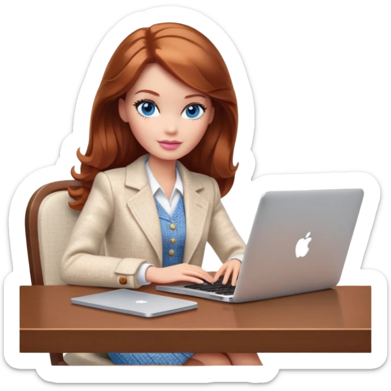 A Barbie girl with blue eyes, shoulder-length reddish-brown hair, made-up, wearing a white tweed jacket and beige skirt, is sitting at a table with a MacBook sticker