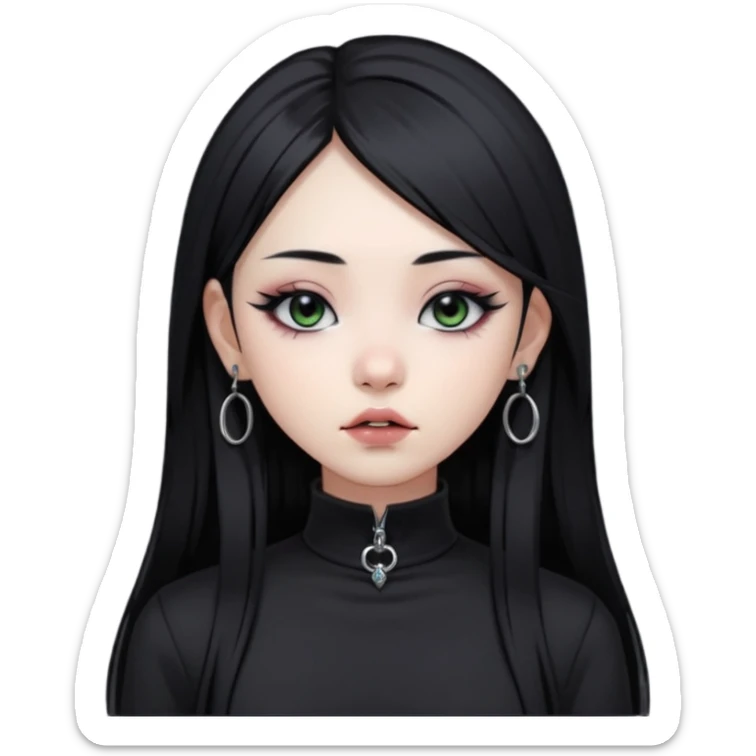 goth Asian girl, straight long black hair, vertical labret lip piercing, black mock neck shirt sticker