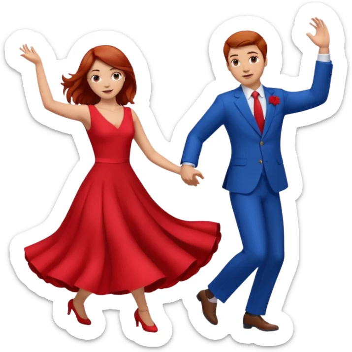 Two people dancing one wearing red and one wearing blue. Brown hair and red hair sticker