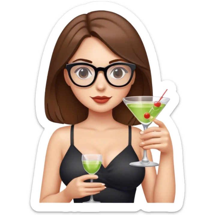 white girl shoulder length brown hair glasses and busty holding a martini sticker