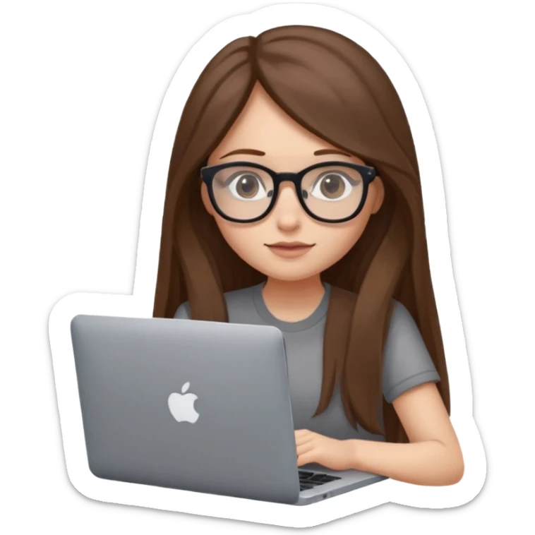 Girl in glasses,brown long hair, sitting with gray MacBook sticker