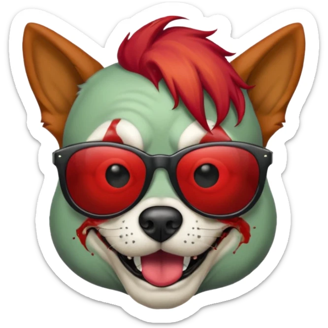 Zombie dog with sun glasses and red hair and joker nose sticker