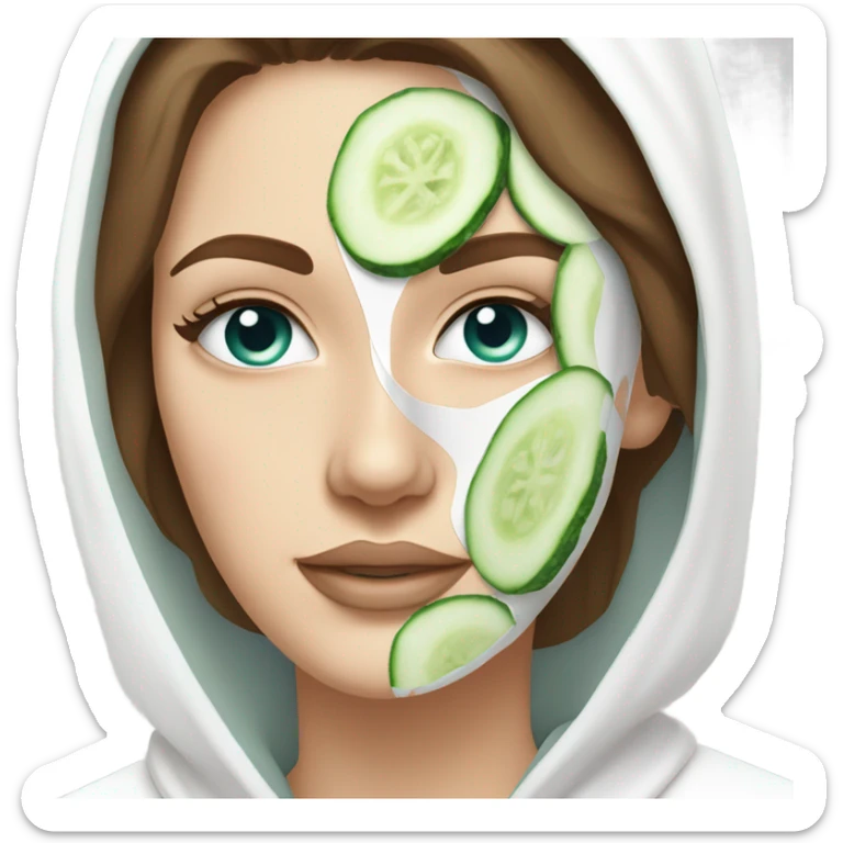 White girl with Brown hair and blue eyes wears a Green colored skincare clay textured mask and puts on cucumbers around her eyes while She relaxes in her white Robe sticker