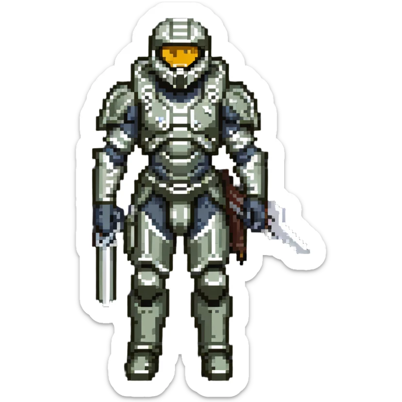 male Halo Spartan nomad with battle-worn armor and scavenged equipment sticker