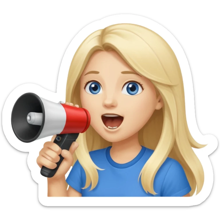  blue eyes blonde girl yelling into megaphone smiling long hair sticker