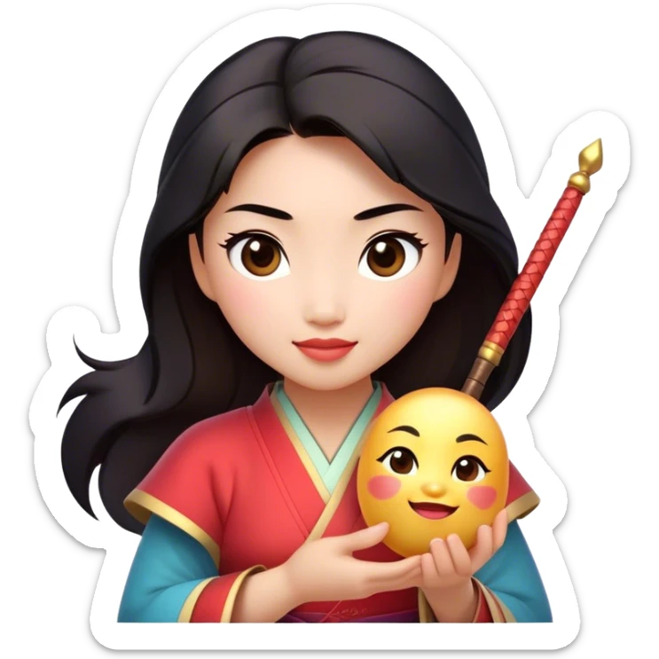 Cinematic Adorable Mulan Portrait Emoji, Playfully holding Cri-Kee in her hands, eyes sparkling with mischief, soft rosy cheeks, a warrior with a heart full of charm, radiant in the morning sunlight, glowing with warmth and joy! sticker